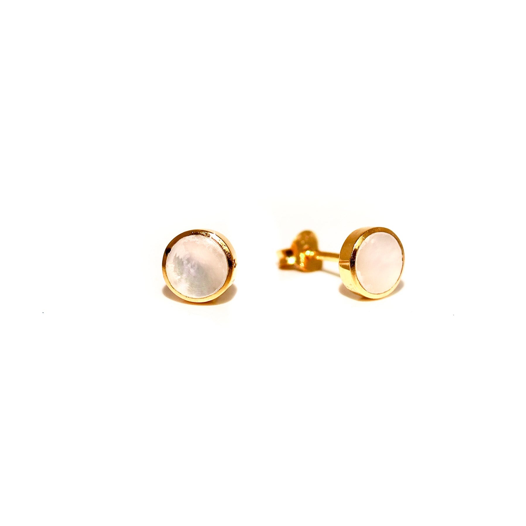 6mm mother of pearl round stud earrings in gold vermeil inspired by coastal Australian style