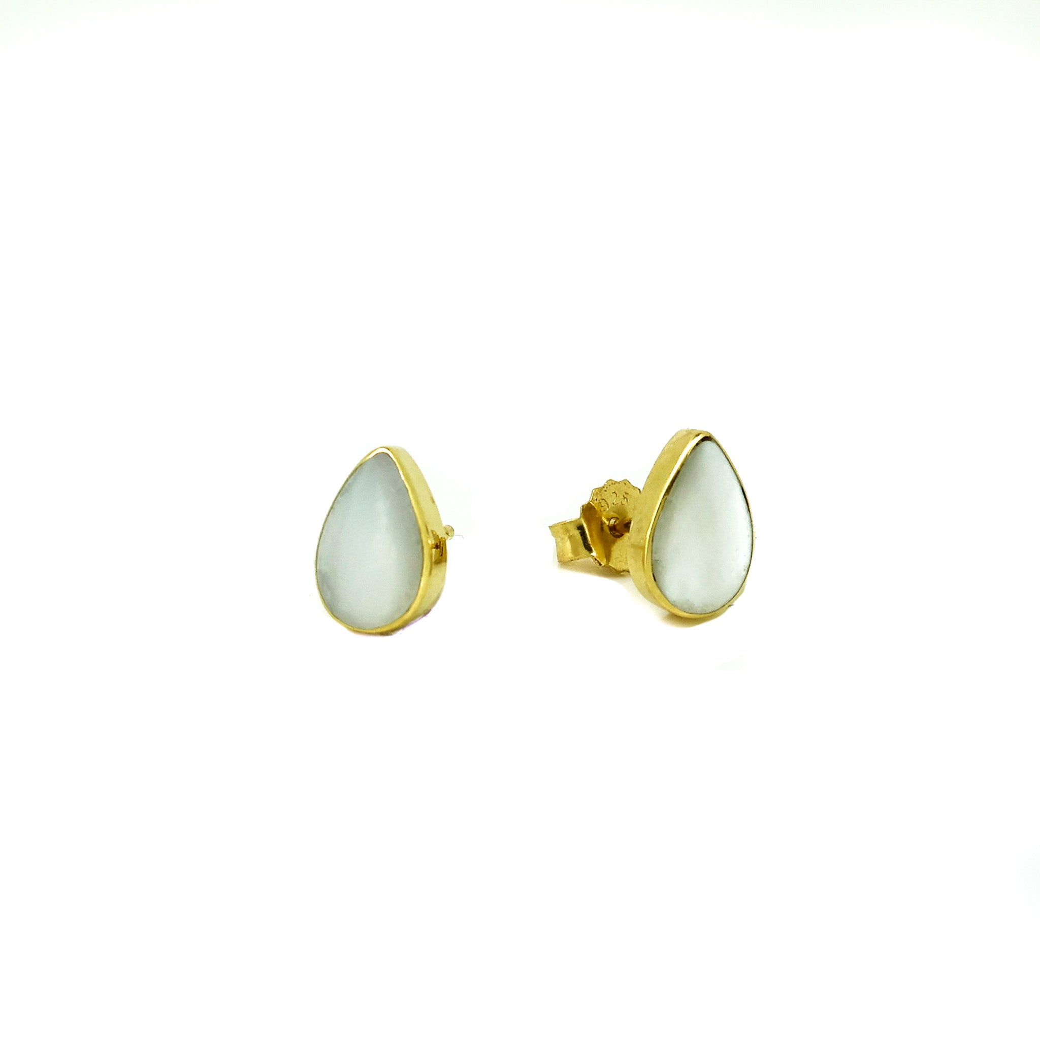 Mother of Pearl Dew Drop Stud Earrings in gold vermeil featuring genuine mother of pearl gemstones in a delicate teardrop stud design.