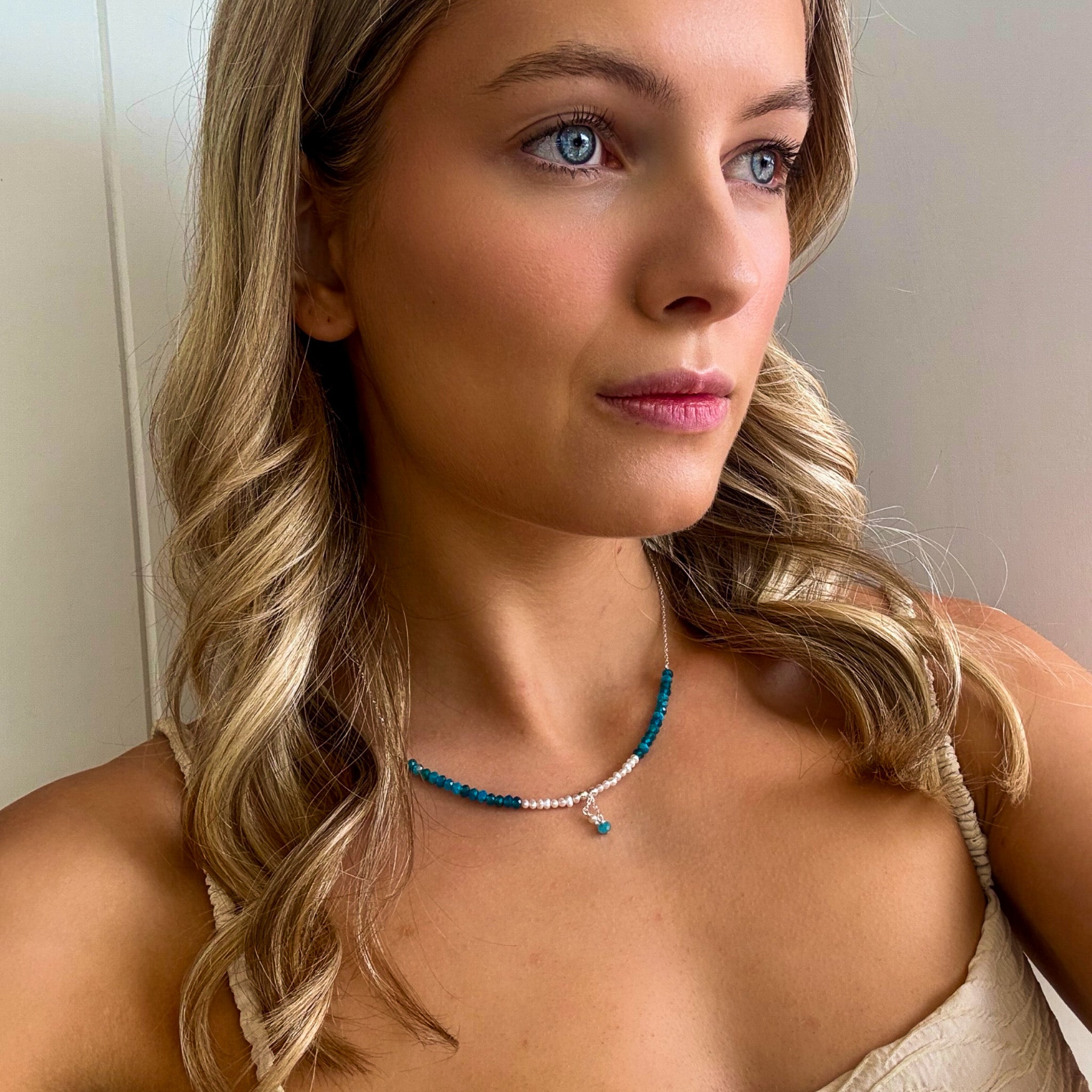 Australian beach jewellery pearl necklace with blue apatite