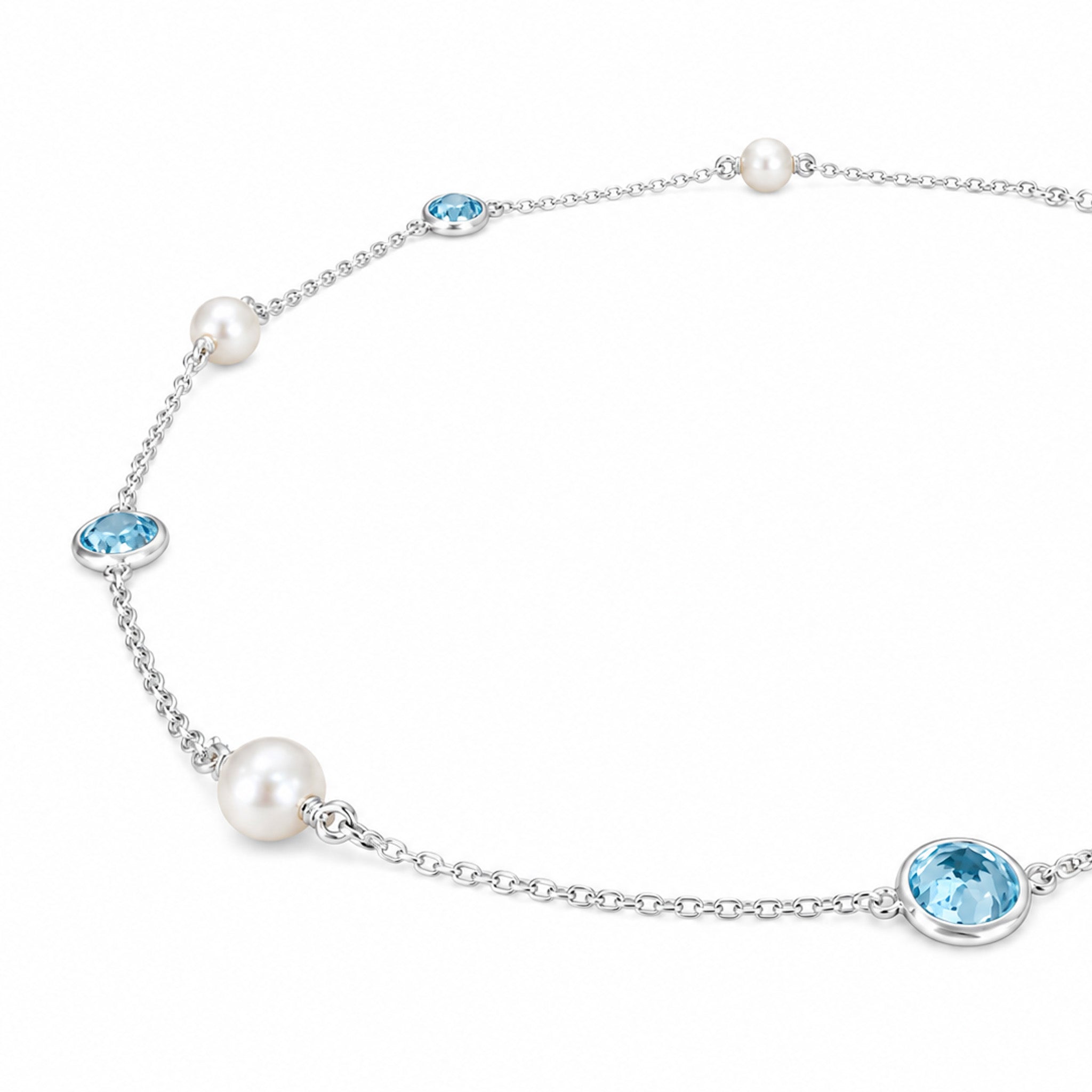 Delicate 925 sterling silver chain with bezel-set blue topaz stones and 9mm freshwater pearls