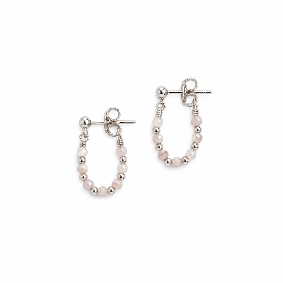 Oceanic Loops Kunzite Silver Earrings featuring delicate pink kunzite gemstones and polished sterling silver beads in an elegant oval drop design. Lush Designs Jewellery Australia.