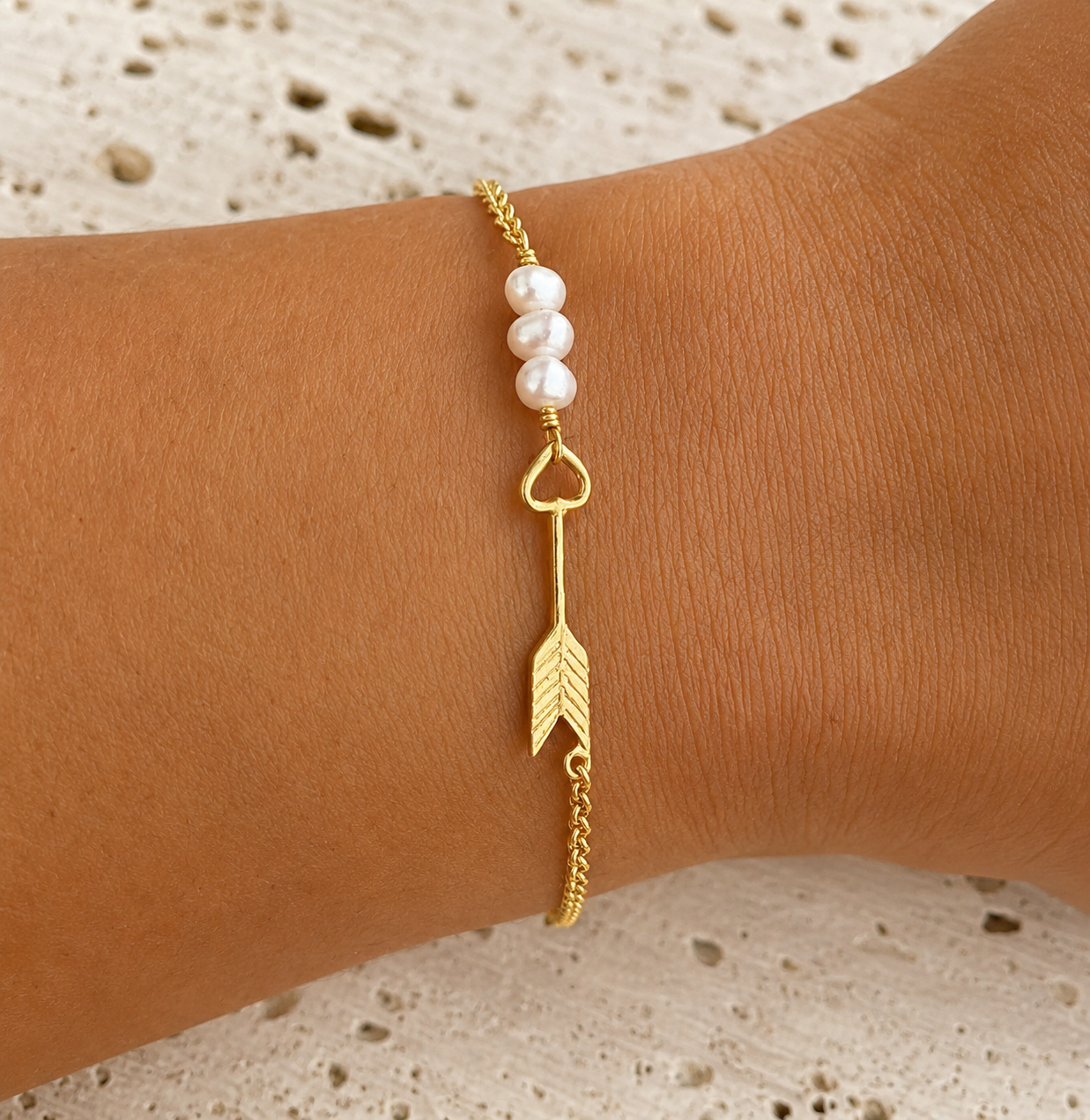 Gold vermeil freshwater pearl arrow bracelet in 925 sterling silver designed in Broome Western Australia