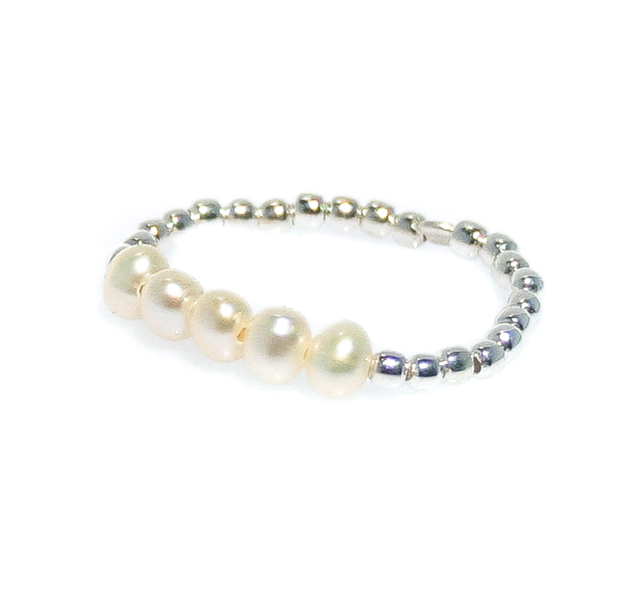 dainty elastic pearl ring featuring genuine freshwater pearls coastal boho jewellery style