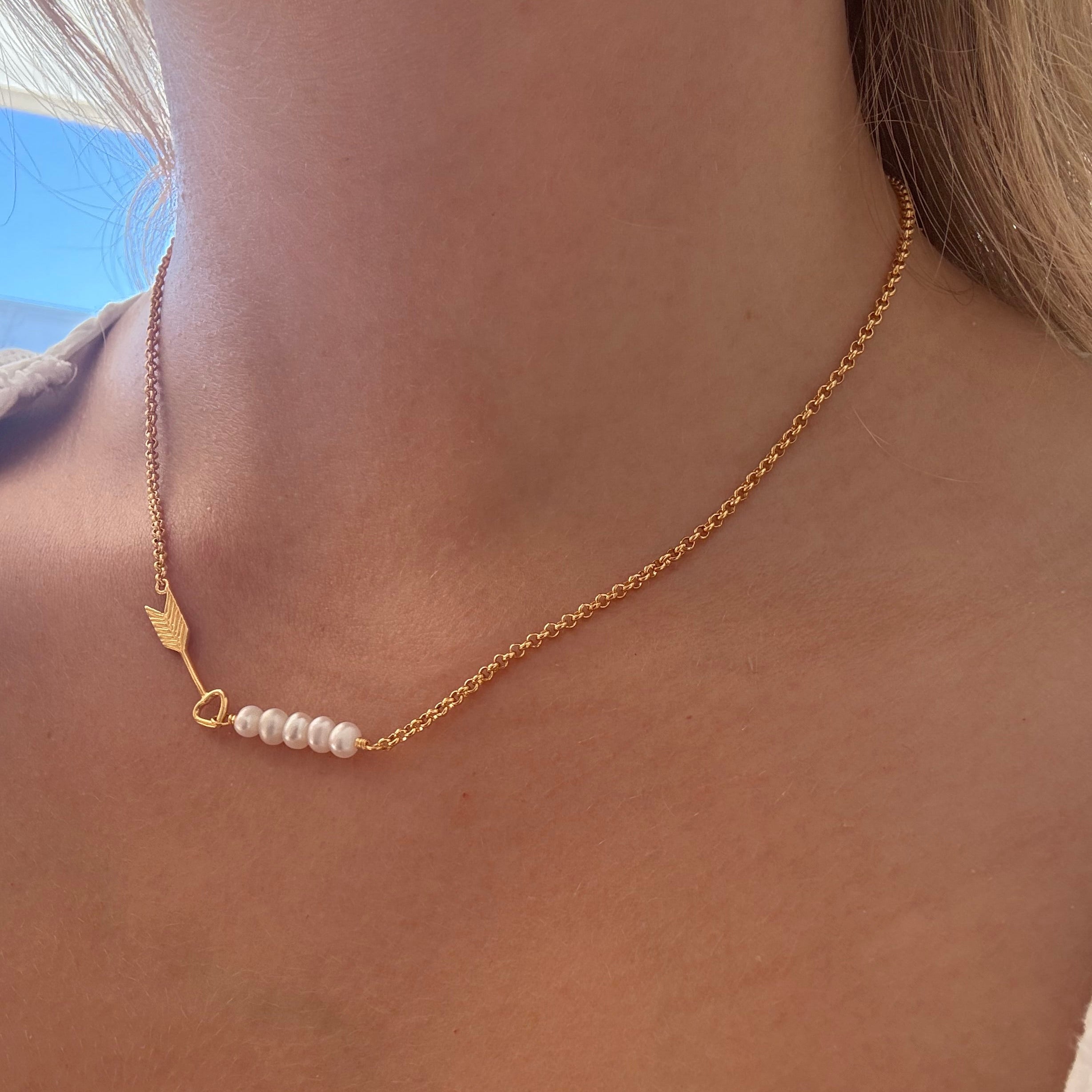 Pearl Tide Arrow Necklace in gold vermeil with genuine freshwater pearl designed by Lush Designs Jewellery Australia
