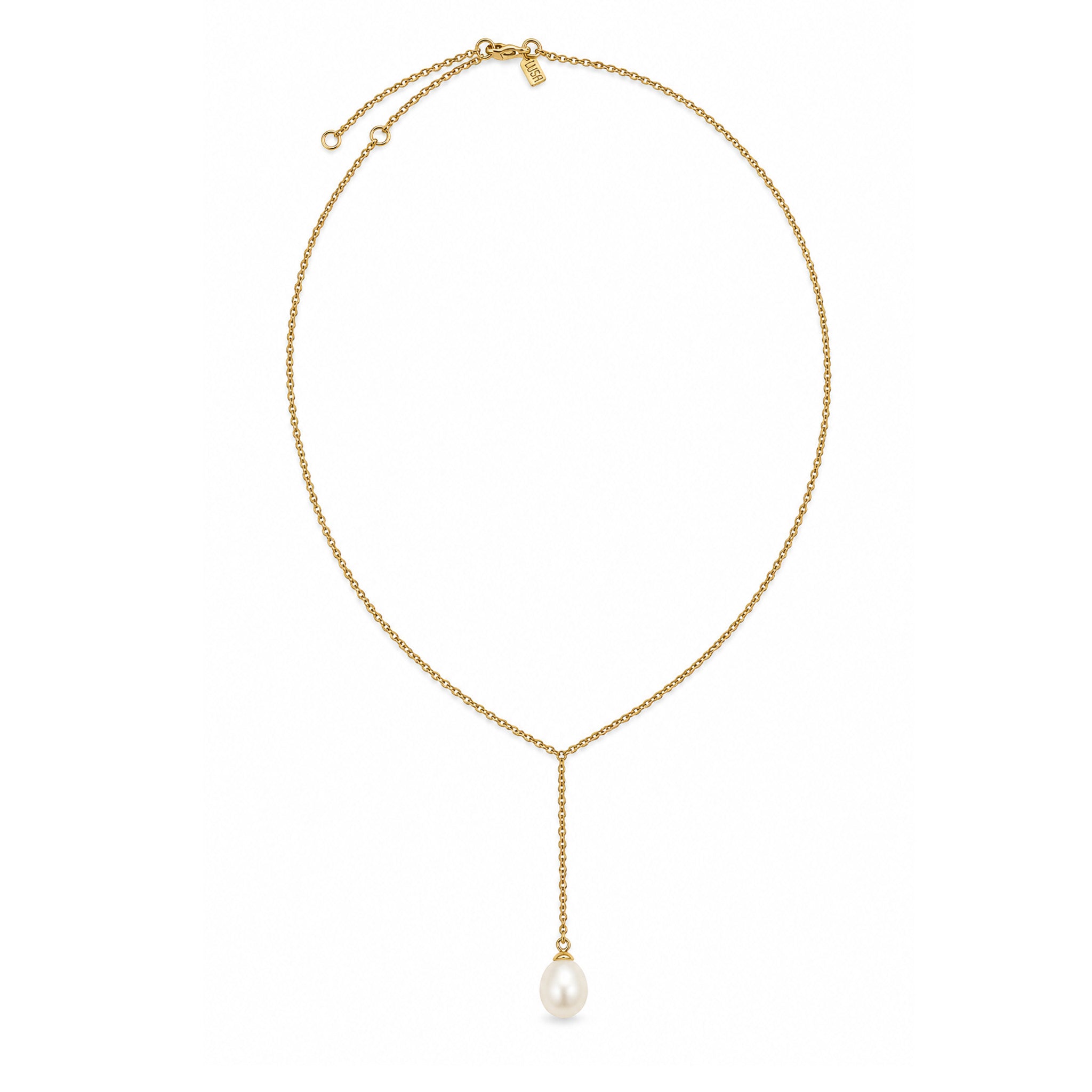 Ricki Pearl Necklace Gold by Lush Designs featuring a delicate gold vermeil Y-shaped chain with a single white freshwater pearl drop