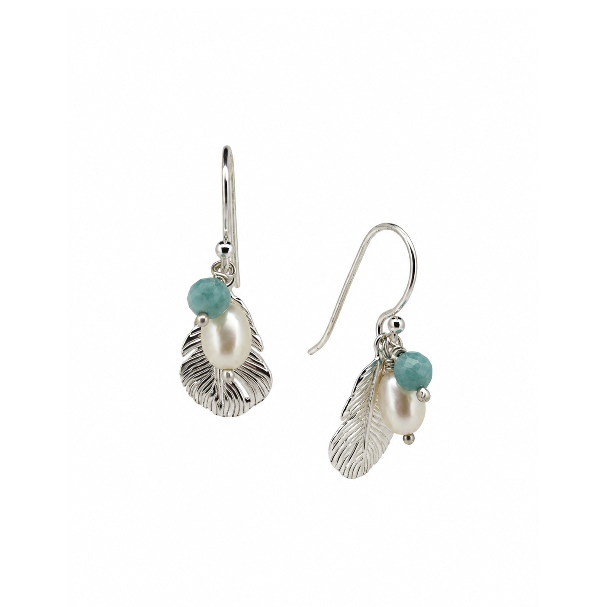 Close-up of faceted blue larimar, freshwater pearl and sterling silver feather Sea Gypsy earrings
I