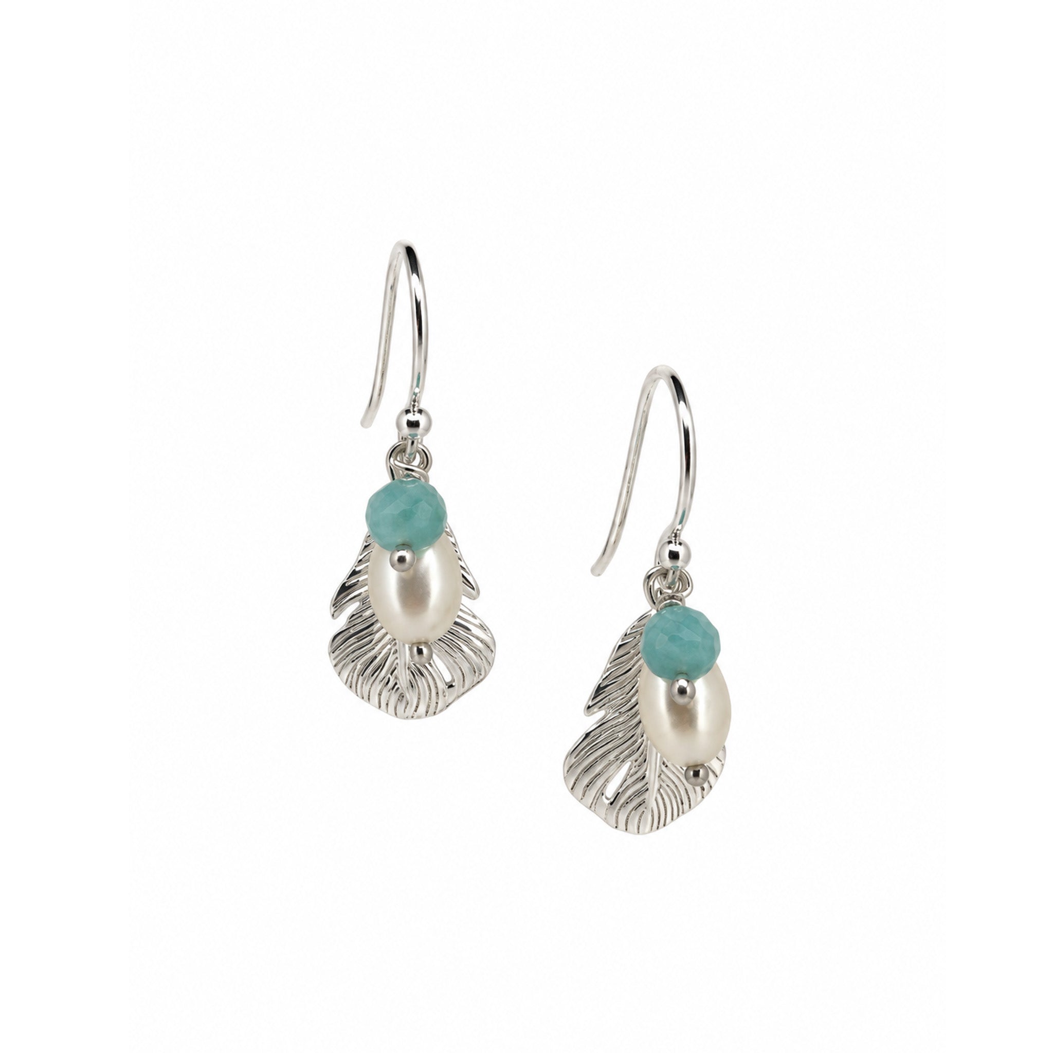 Sea Gypsy larimar pearl earrings in sterling silver with feather detail, 4mm freshwater pearls and faceted larimar