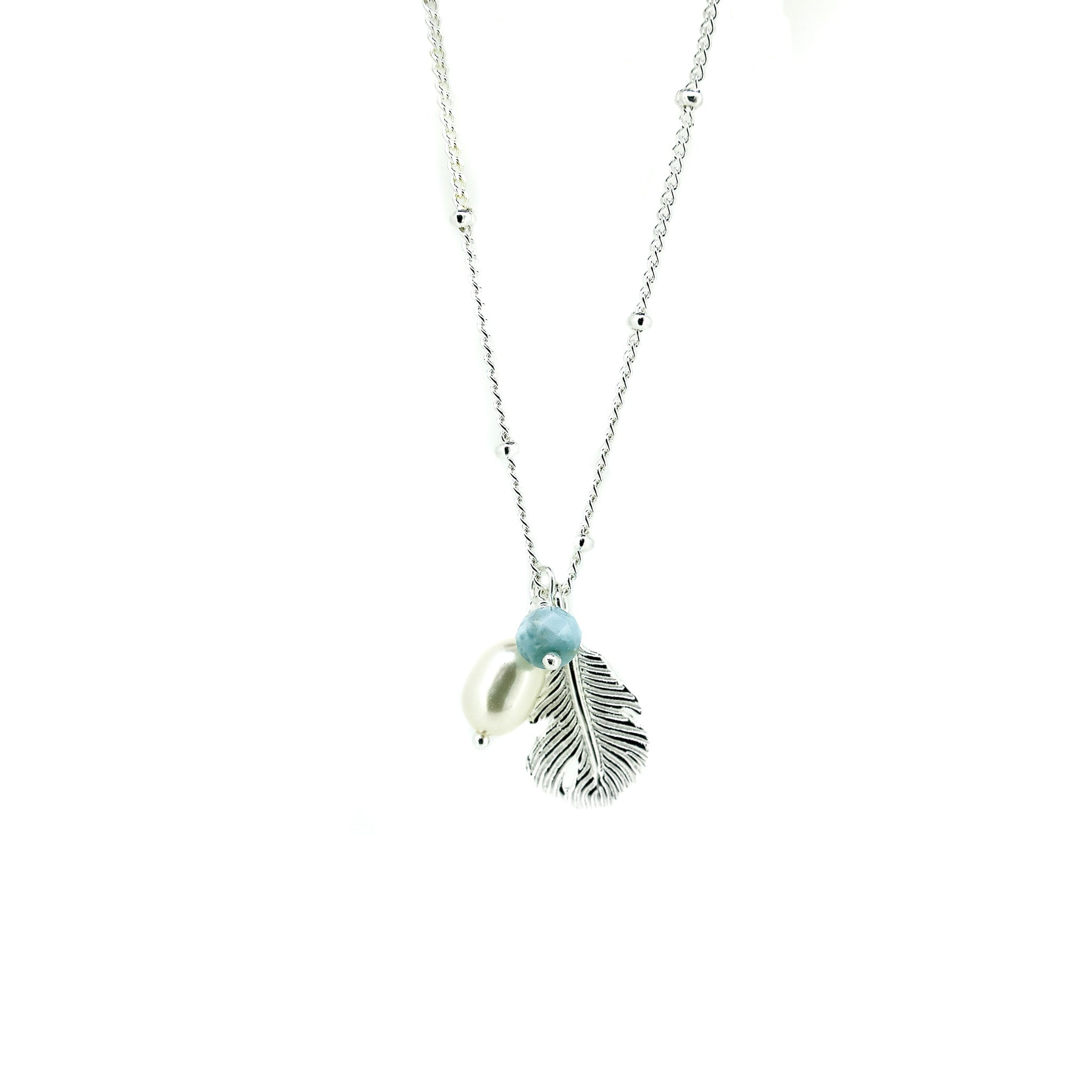 Sea Gypsy Larimar Pearl Necklace in 925 sterling silver featuring genuine Larimar gemstones and freshwater pearls