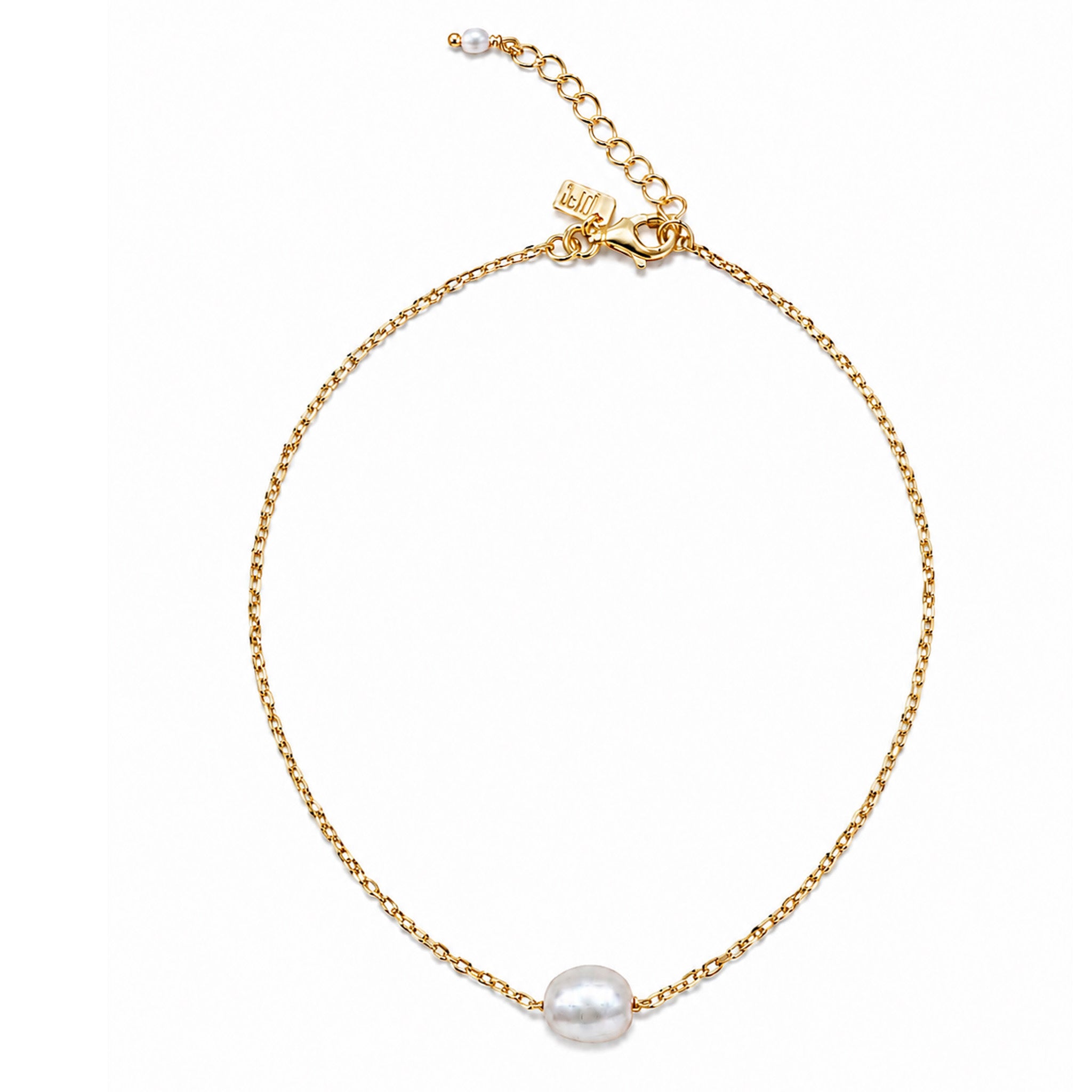 A delicate gold chain anklet featuring a single white freshwater pearl at the bottom center, with an adjustable gold chain extender and clasp at the top, shown on a plain white background.
