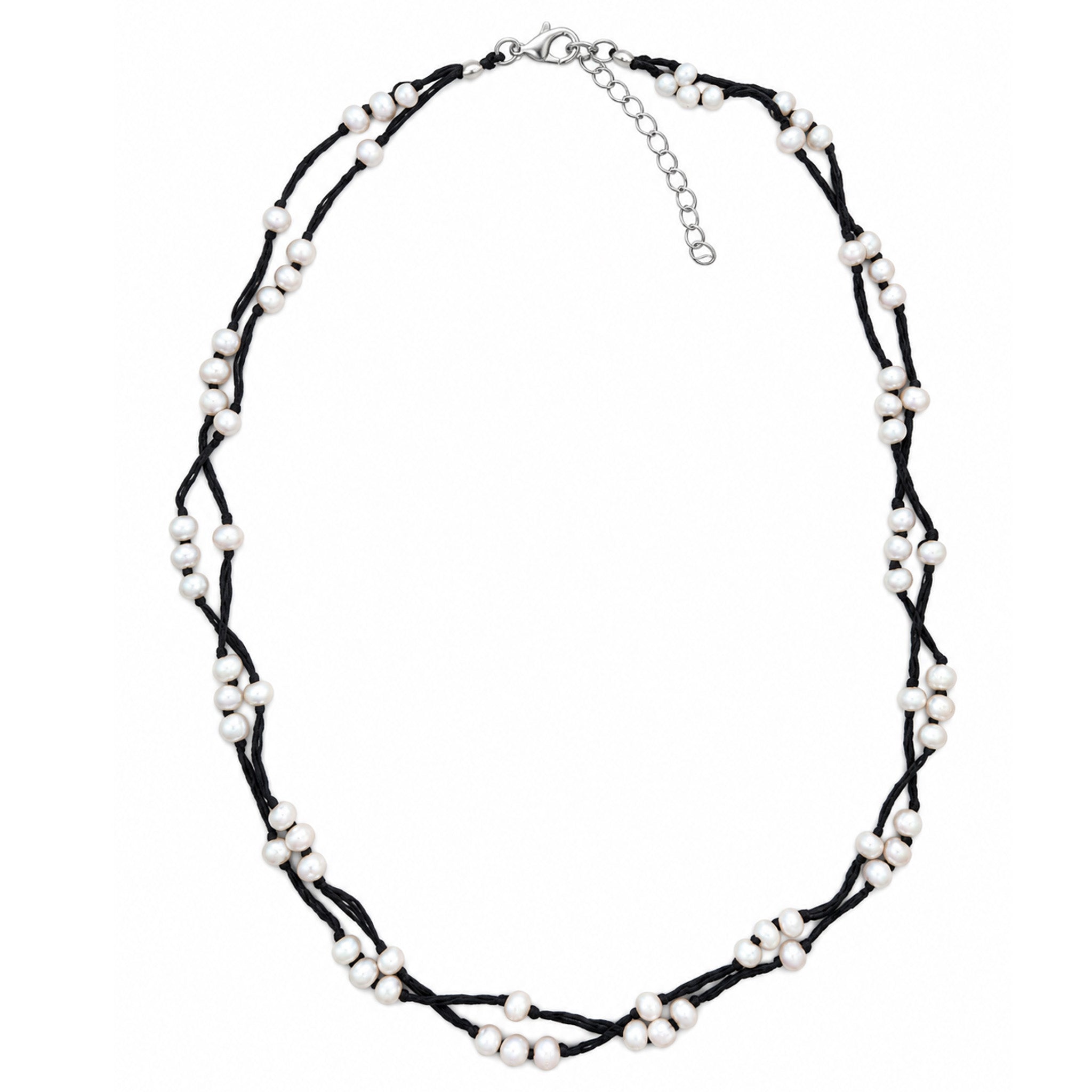 Summer Sun Pearl Necklace Black featuring 3mm freshwater rice pearls on delicate black cotton strands with an adjustable sterling silver clasp by Lush Designs Jewellery.