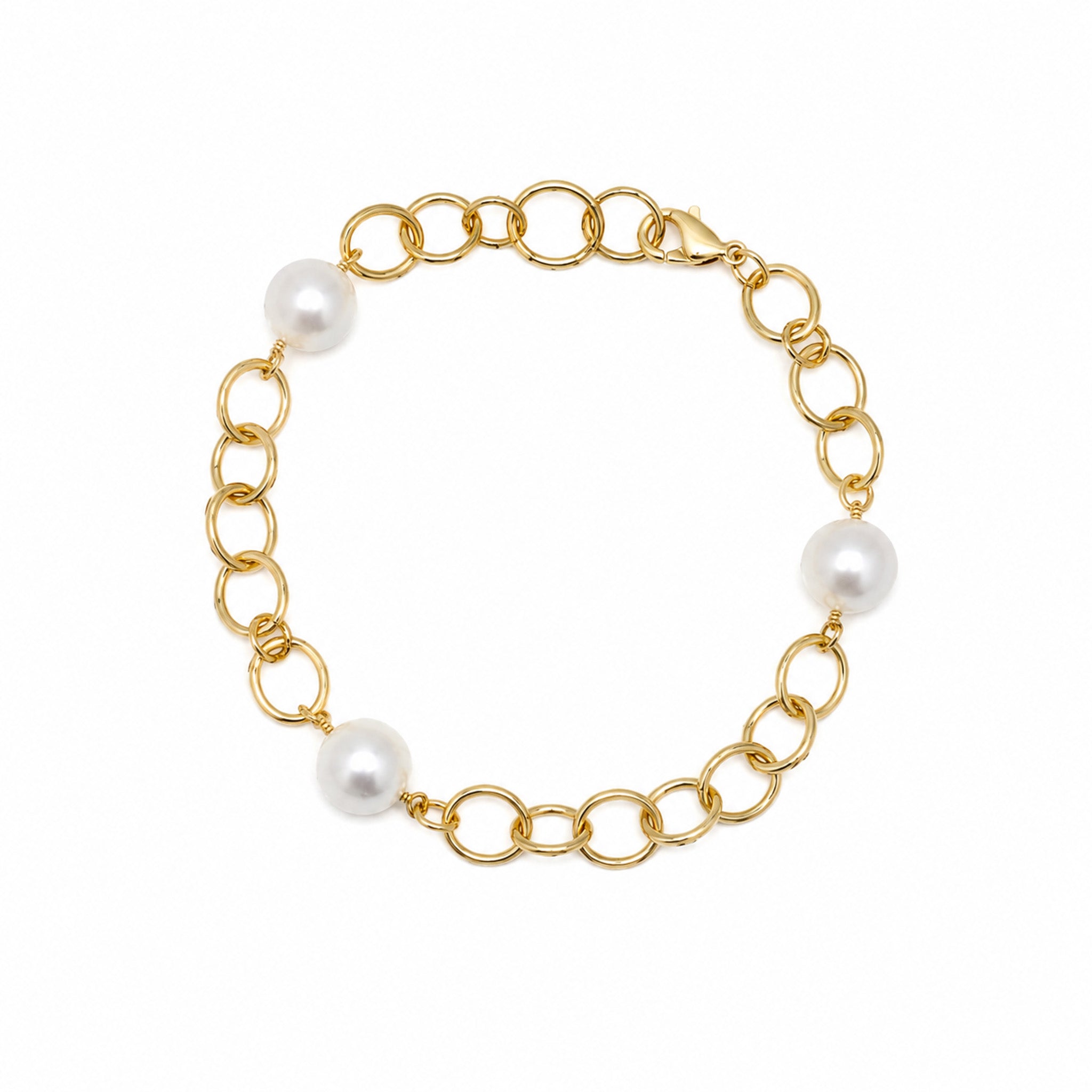 Australian South Sea pearl bracelet with three 12mm pearls on a heavy gold vermeil link chain