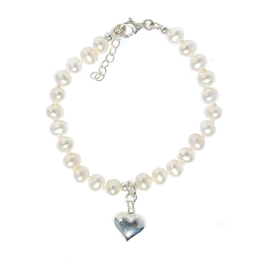 girls pearl bracelet With Sterling silver heart charm 