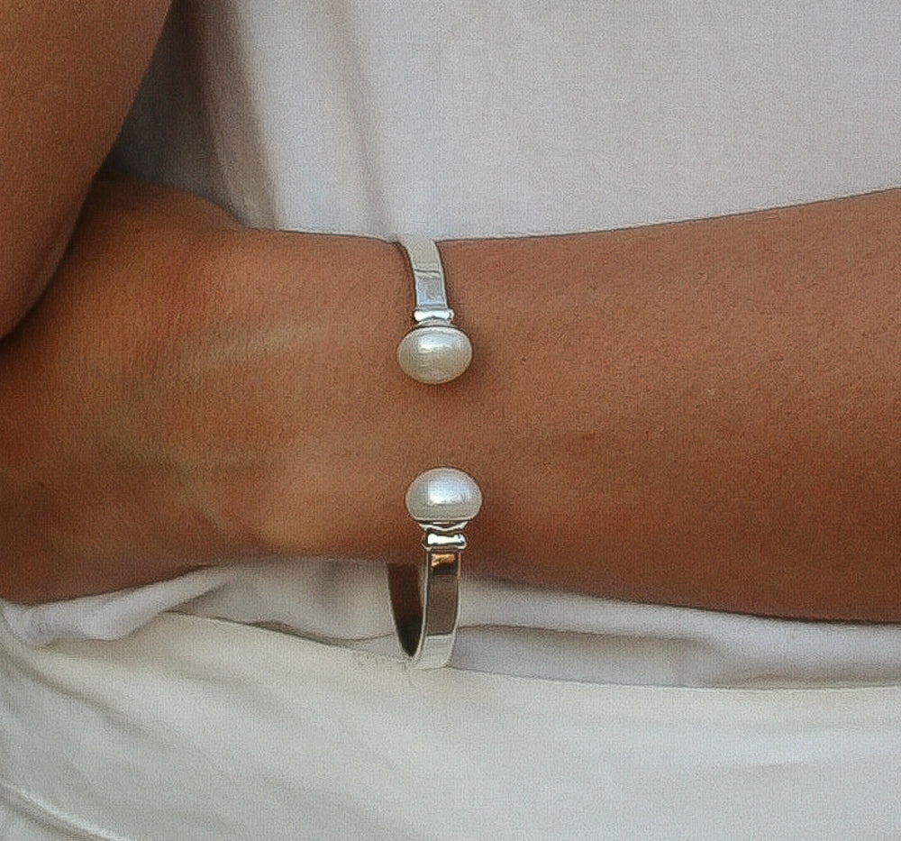 silver cuff with pearl detail designed in broome western australia by Lush Designs