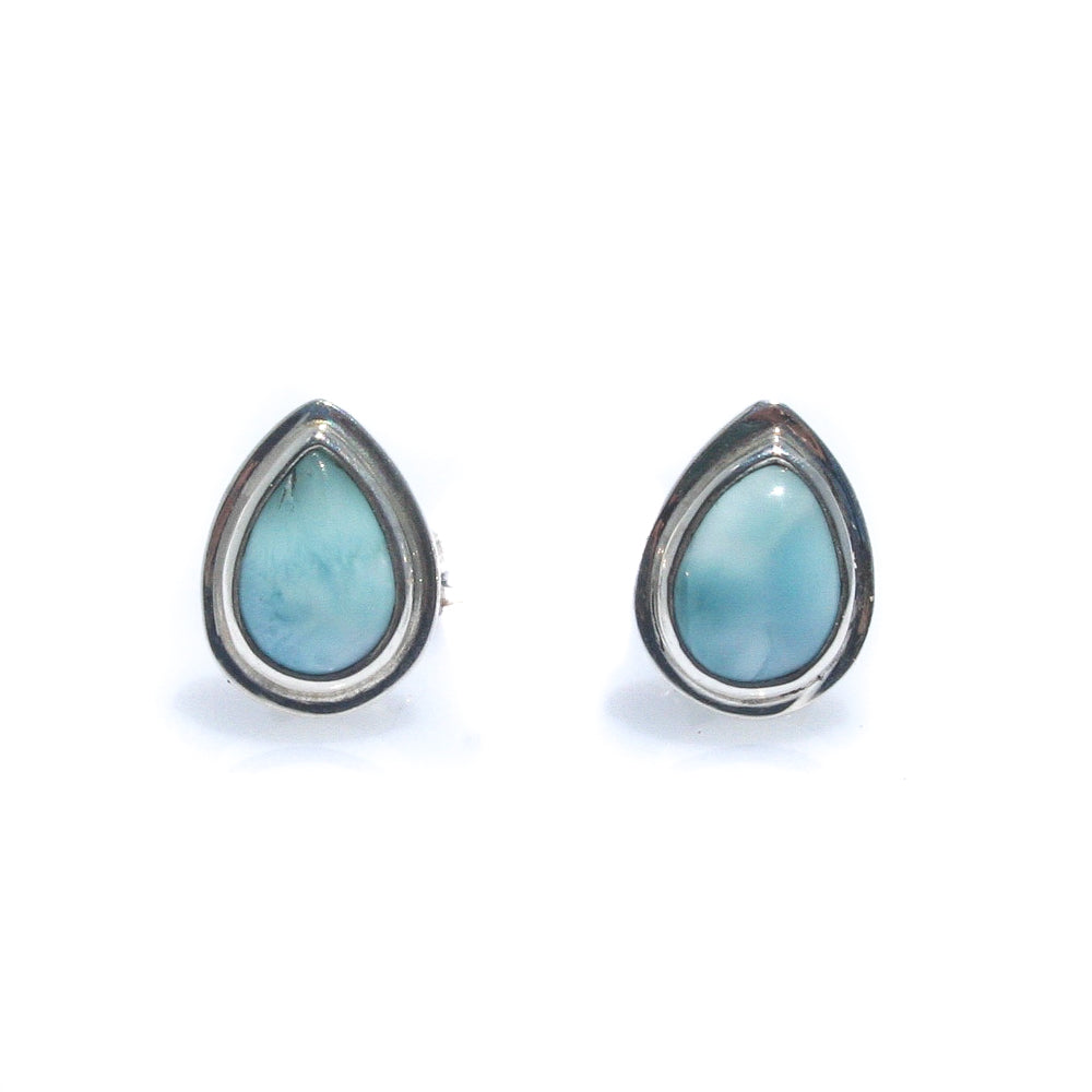 Azure Whispers Larimar Dew Drop Studs featuring genuine Larimar gemstones set in sterling silver, inspired by tropical ocean waters.