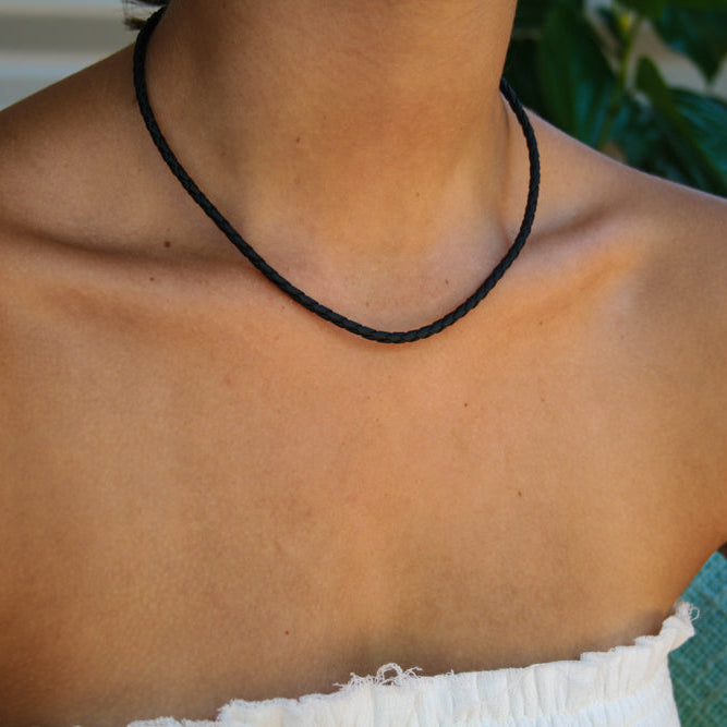 black braided necklace with sterling silver clasp