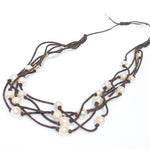 Boho Pearl Necklace with genuine freshwater pearls on brown braided cord
