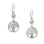 Boab Circle of Life earrings in 925 sterling silver with bezel set freshwater pearl designed in Broome Western Australia