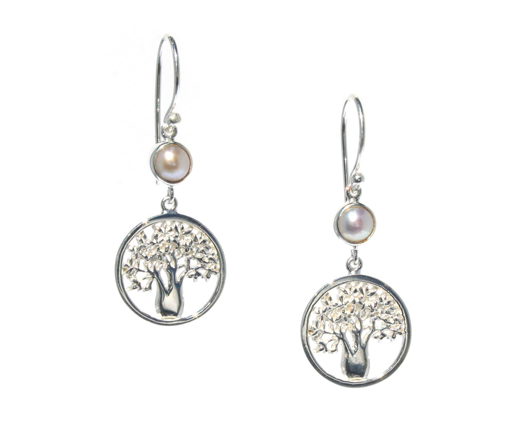 Boab Circle of Life earrings in 925 sterling silver with bezel set freshwater pearl designed in Broome Western Australia