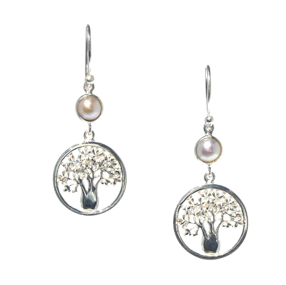 Boab Circle of Life earrings in 925 sterling silver with bezel set freshwater pearl designed in Broome Western Australia