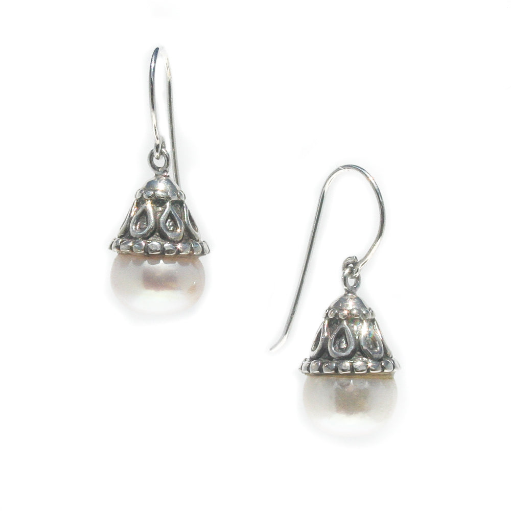 Large boho pearl drop earrings in 925 sterling silver with decorative silver cap designed in Broome Western Australia
