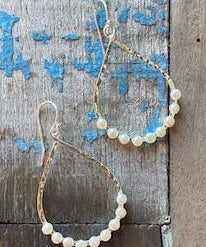 Boho Pearl Loop earrings in 925 sterling silver with hammered open loop and freshwater pearls designed in Broome Western Australia
