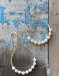 Boho Pearl Loop earrings in 925 sterling silver with hammered open loop and freshwater pearls designed in Broome Western Australia
