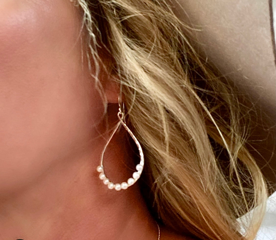 Boho Pearl Loop earrings in 925 sterling silver with hammered open loop and freshwater pearls designed in Broome Western Australia
