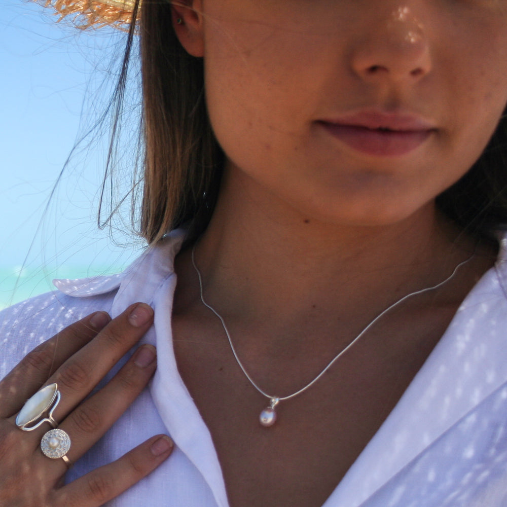 Dainty 7mm pink freshwater pearl pendant in 925 sterling silver, minimalist coastal-inspired jewellery by Lush Designs Australia.