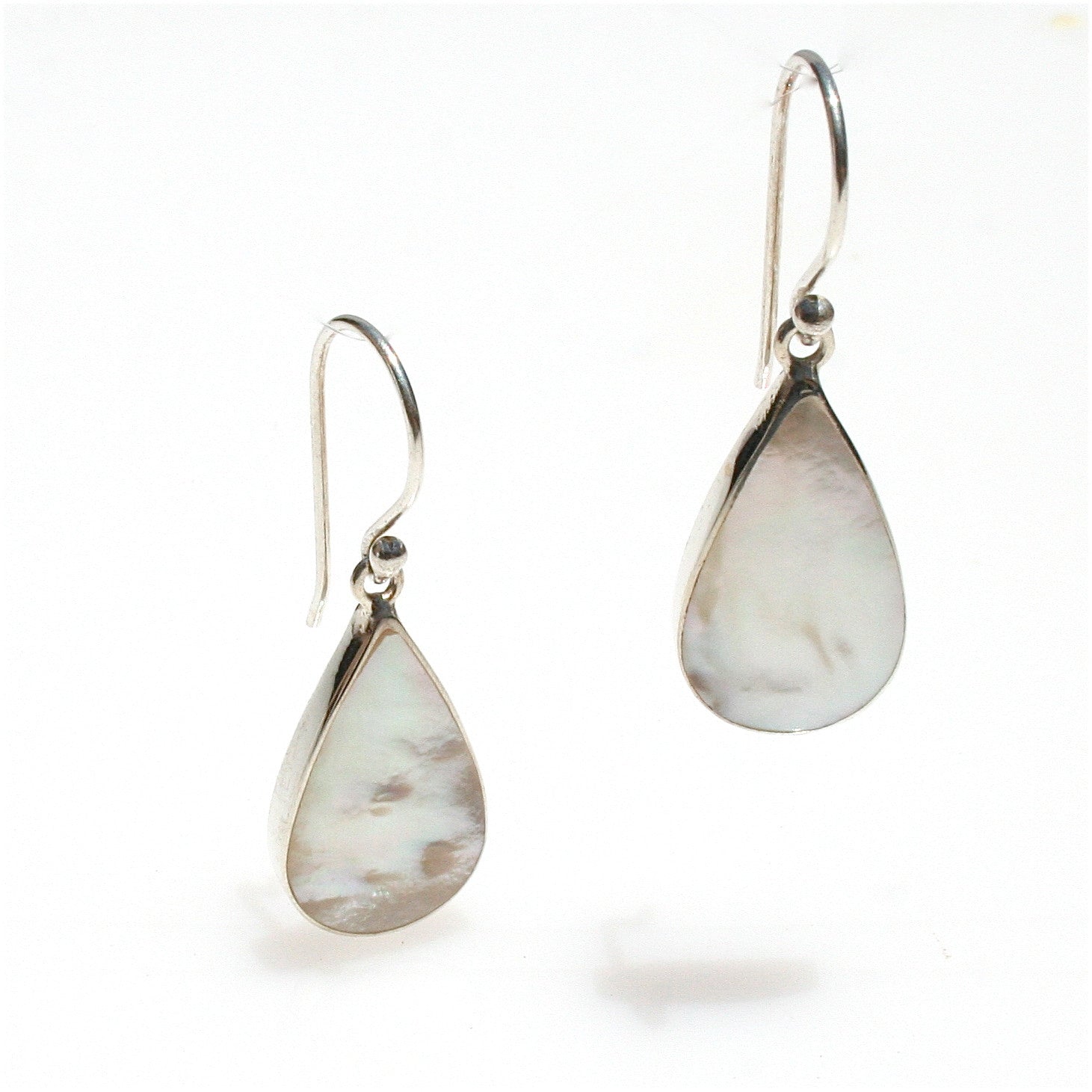 Mother of pearl dew drop shaped large hook earrings silver 