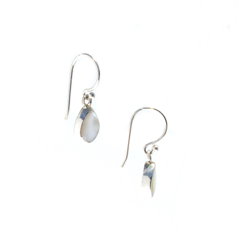 Small dew drop shaped mother of pearl suspended from silver hook earrings 