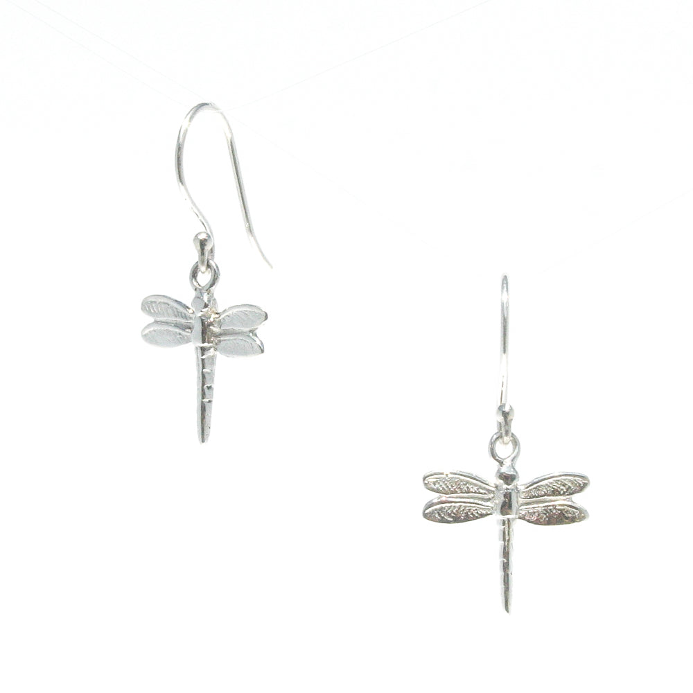 A pair of sterling silver hook earrings with dragonfly designs.