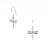 A pair of sterling silver hook earrings with dragonfly designs.