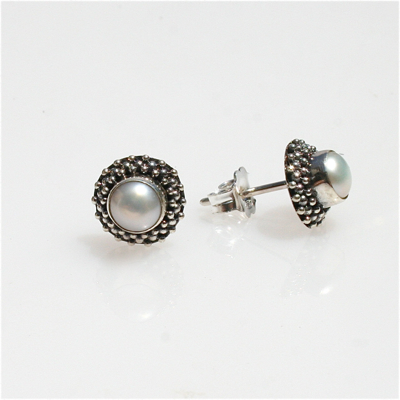 dainty vintage pearl stud earrings sterling silver textured setting freshwater pearl coastal jewellery australia