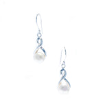 A pair of silver hook earrings featuring a swirl design with a central pearl, suspended from a small loop.
