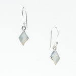 A pair of diamond-shaped mother of pearl earrings with shepherds hooks, set in hypo-allergenic sterling silver, on a white background.