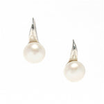 A pair of hook earrings featuring freshwater pearls attached to silver-colored bands.