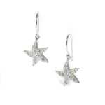 A pair of silver star-shaped earrings with cubic zirconia embedded within the design, attached to hooks for wear.