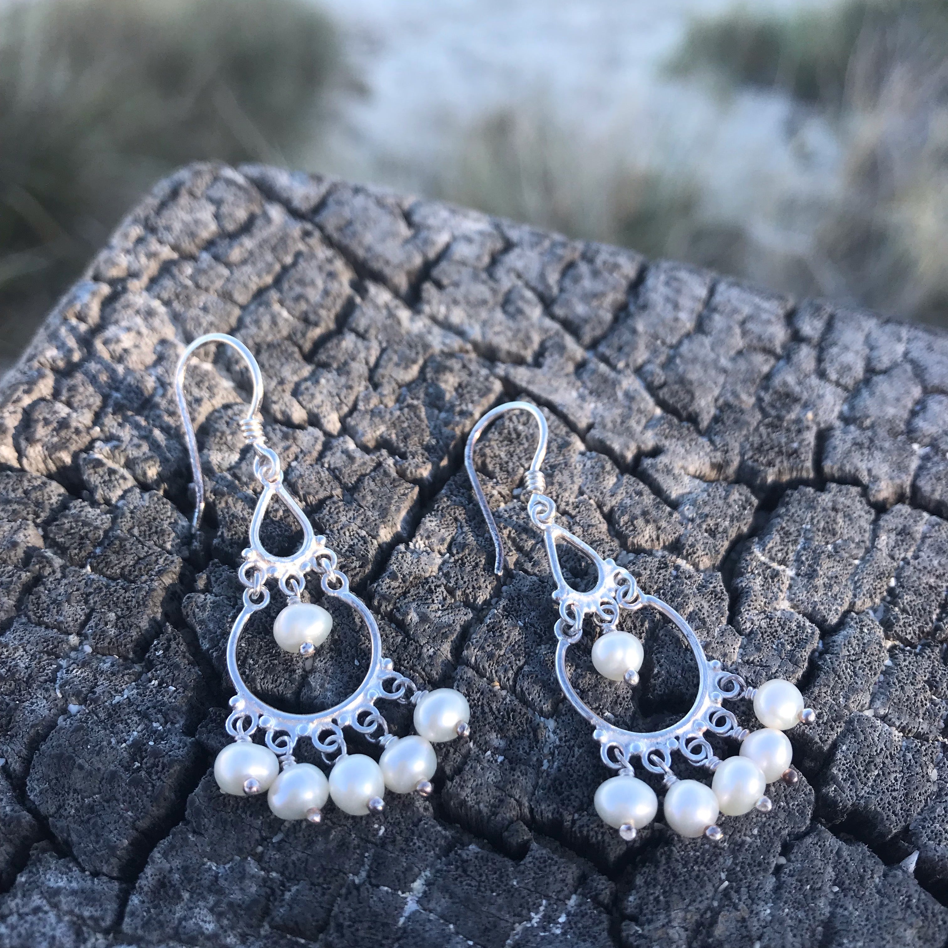 Boho rice pearl statement silver earrings  