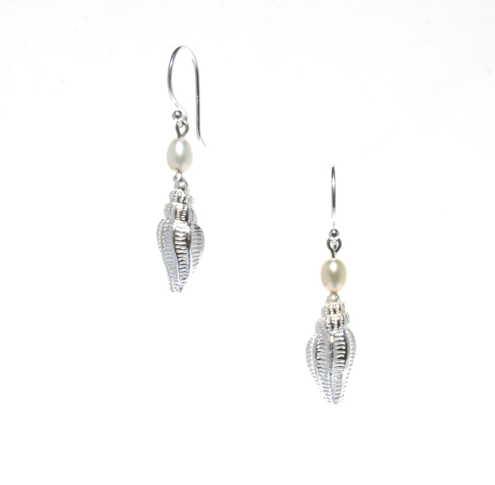 Spiral shell hook earrings with dainty pearl attached 