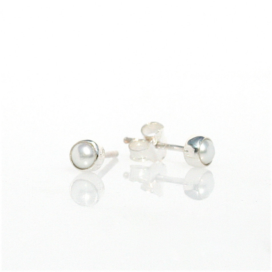 white pearl 4mm bezel studs silver 