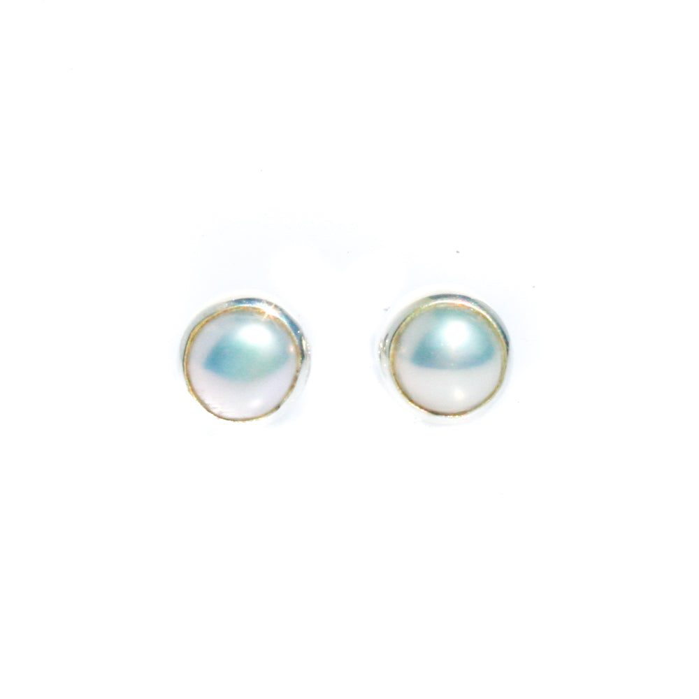 white pearl bezel set 6mm studs silver 