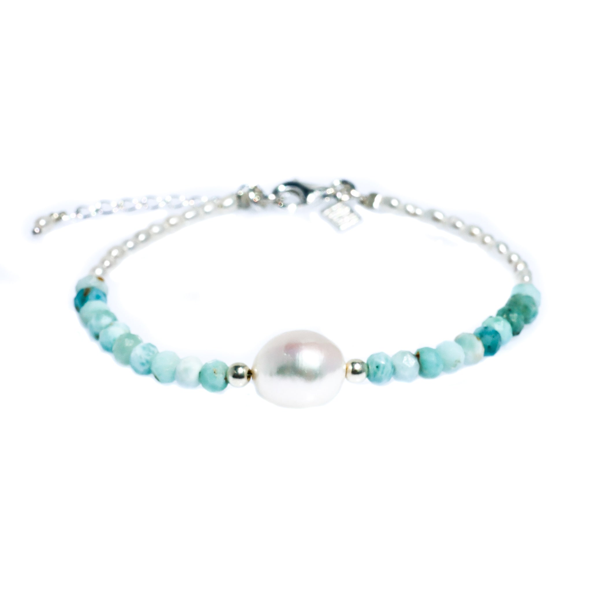 “Keshi pearl and larimar bracelet inspired by tropical blue lagoons designed in Broome Western Australia”